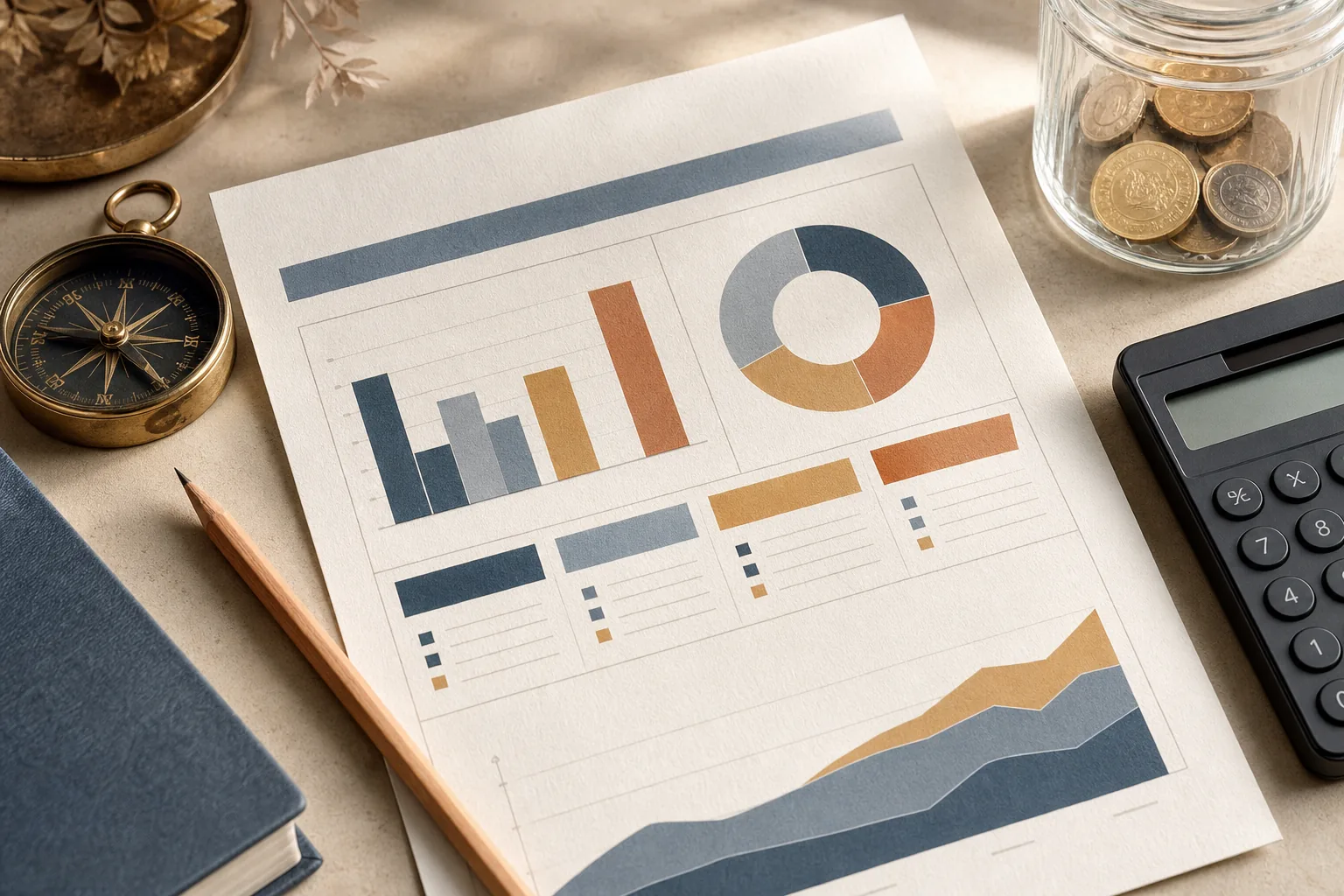 Budget mensuel, calculatrice et outils d’analyse disposés sur un bureau.