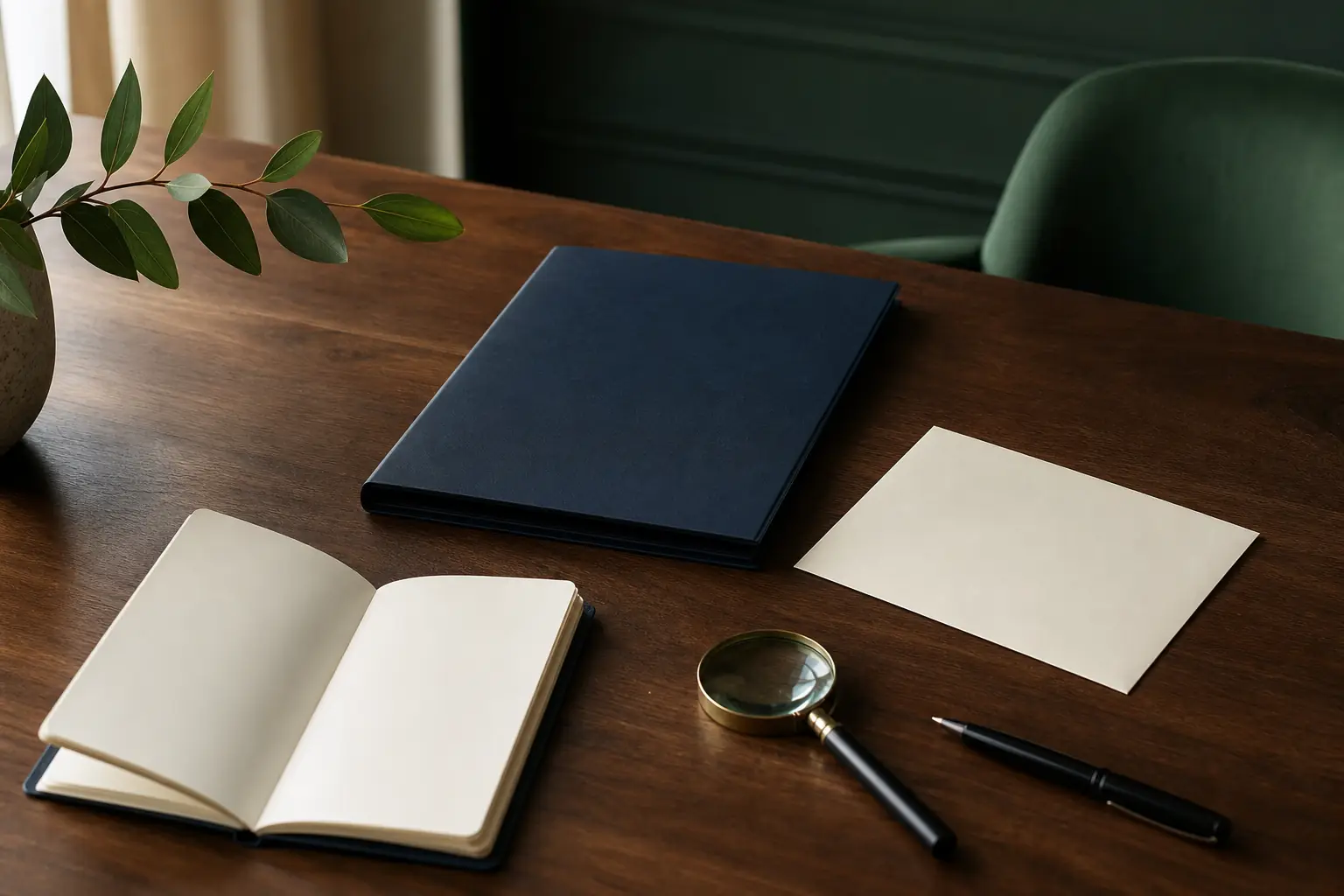 Table en bois sombre avec portefeuille bleu nuit, carnet vierge ouvert, enveloppe ivoire, loupe et stylo noir.