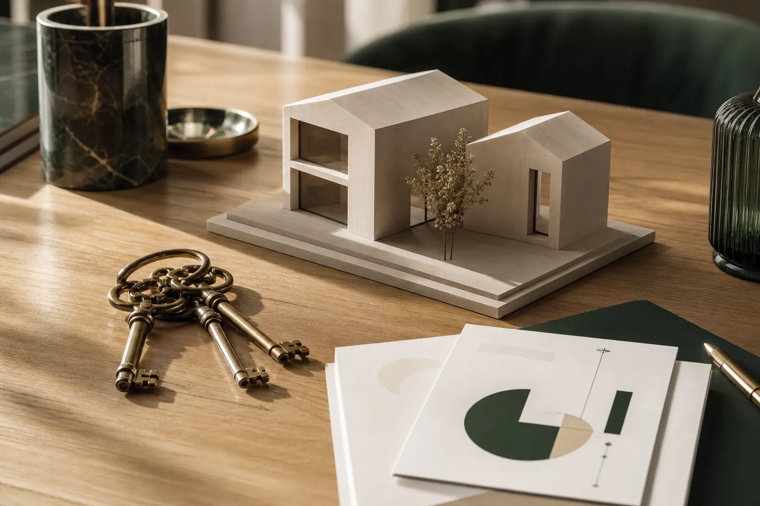 Maquette de maison en deux volumes, clés et documents abstraits posés sur une table en bois.