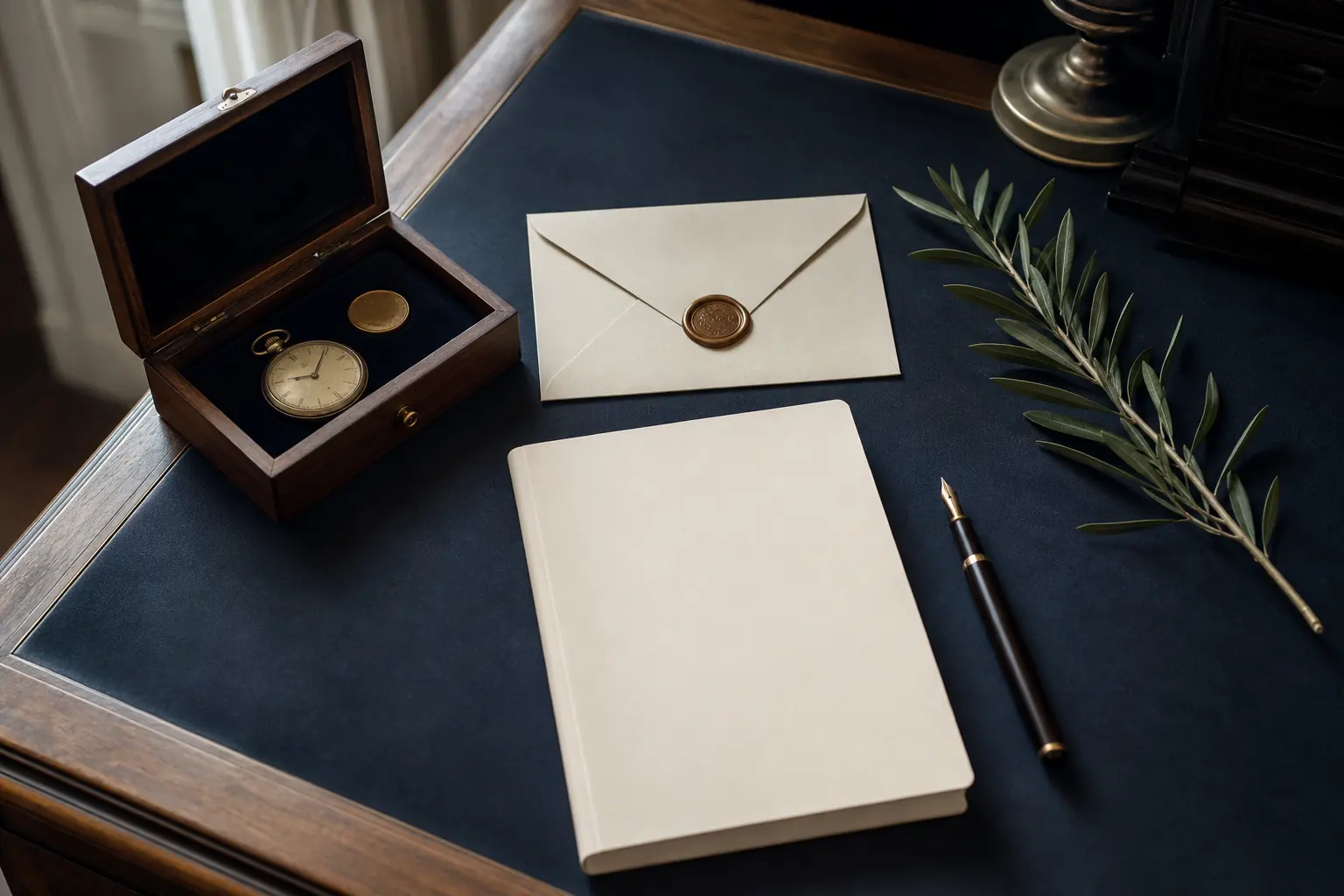 Boîte en bois avec montre ancienne et pièce neutre, enveloppe cachetée, carnet vierge, stylo plume et branche d’olivier sur un bureau bleu nuit.