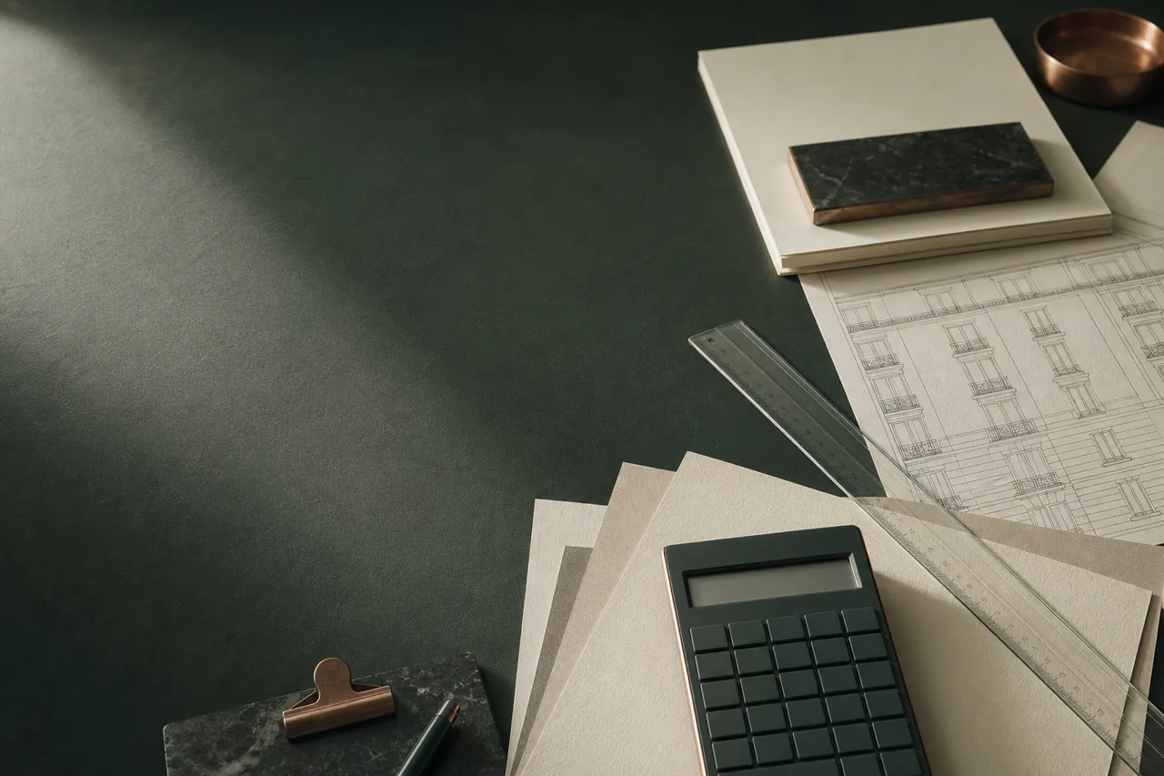 Plans architecturaux, calculatrice et outils d’analyse sur un bureau.