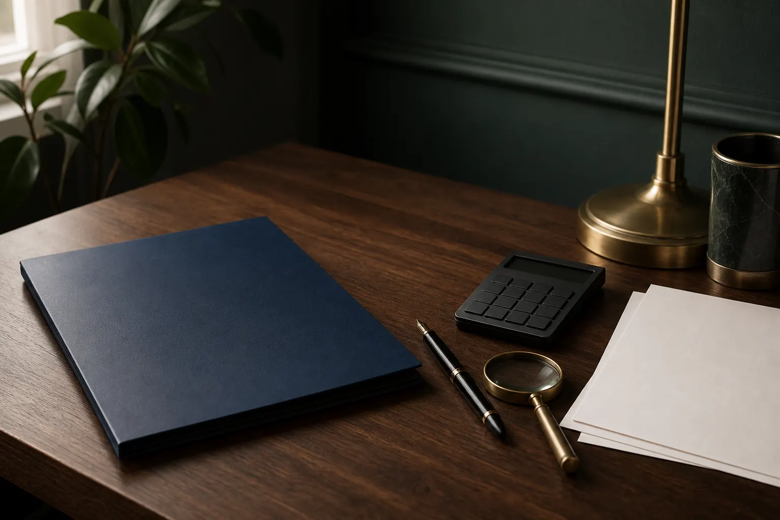 Dossier bleu nuit fermé, loupe, stylo plume noir et feuilles vierges sur un bureau en bois, éclairés par une lampe en laiton.