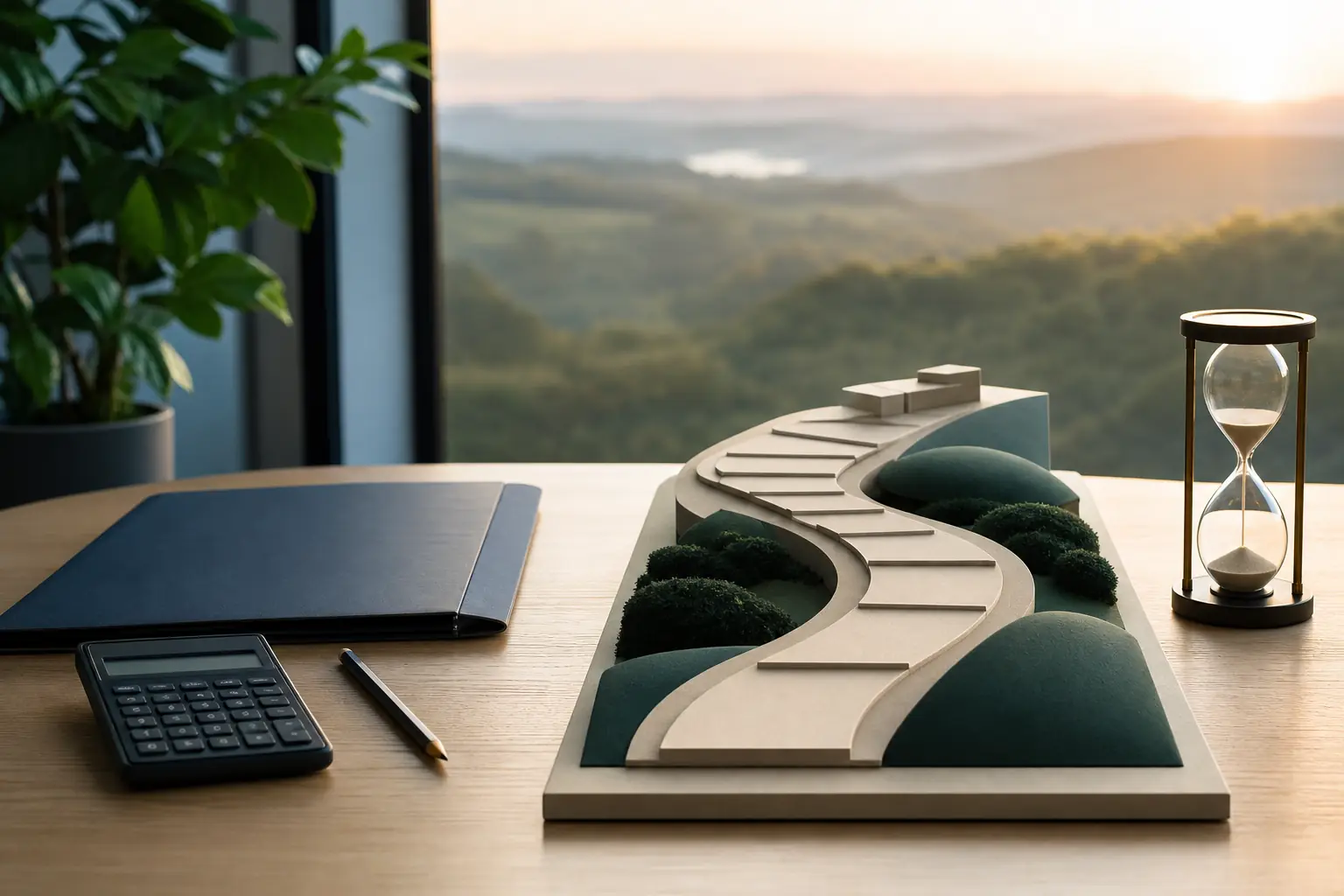Chemin abstrait en relief sur un bureau, dossier vierge, calculatrice, crayon et sablier devant un paysage lumineux.