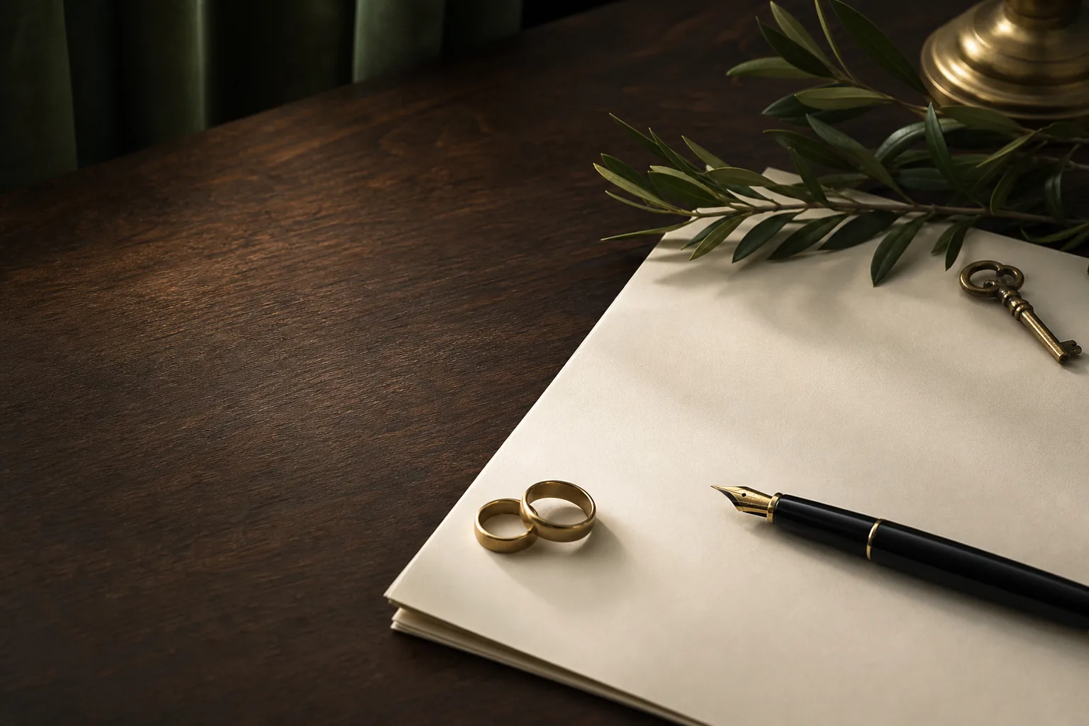 Deux alliances dorées sur un document vierge, accompagnées d’un stylo-plume noir, d’une clé ancienne et d’une branche d’olivier sur une table en bois sombre.