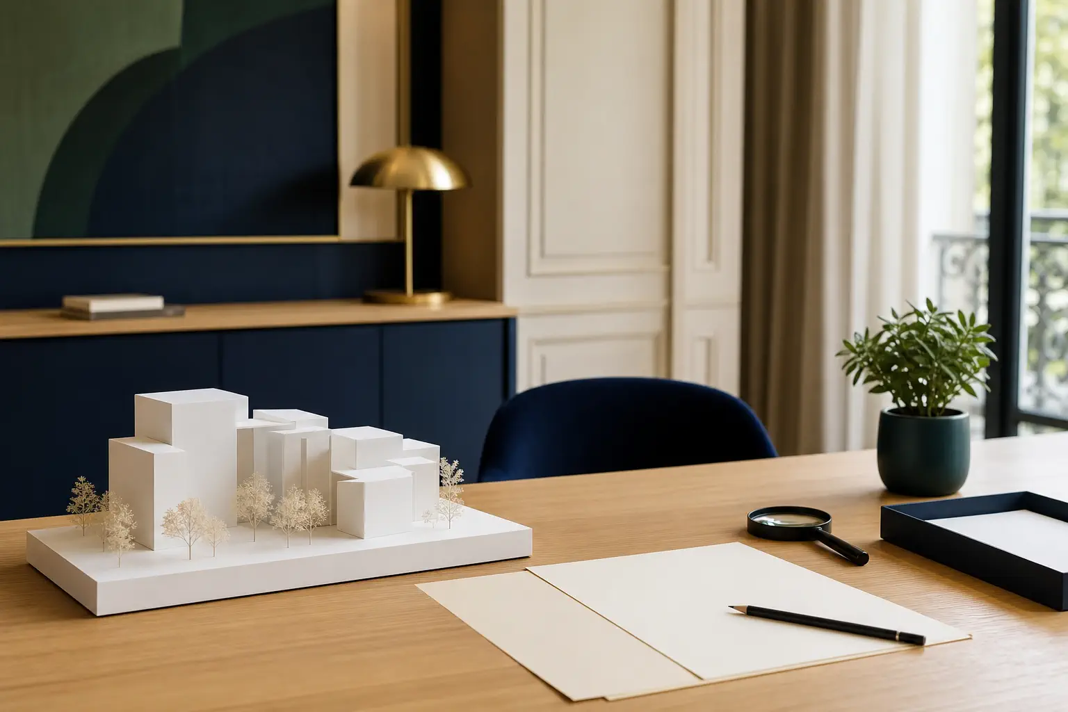 Maquette architecturale blanche, dossiers vierges, loupe et stylo sur un bureau en bois clair dans une ambiance bleu nuit et vert profond.