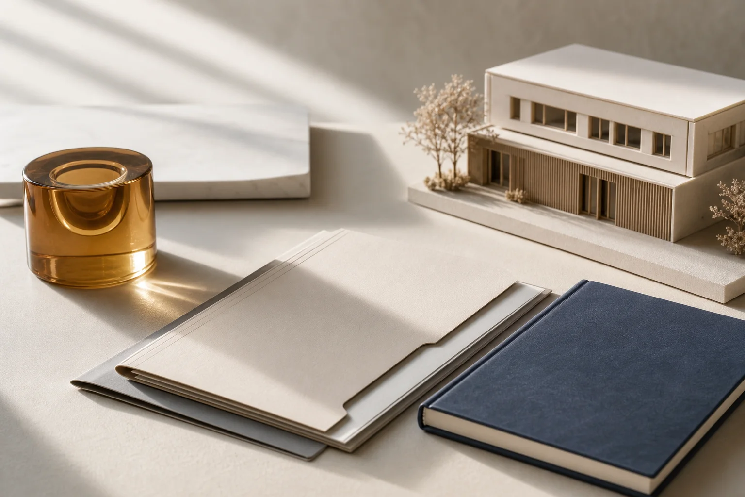 Maquette architecturale, dossiers et carnet bleu évoquant le cadrage d’une transmission d’entreprise.