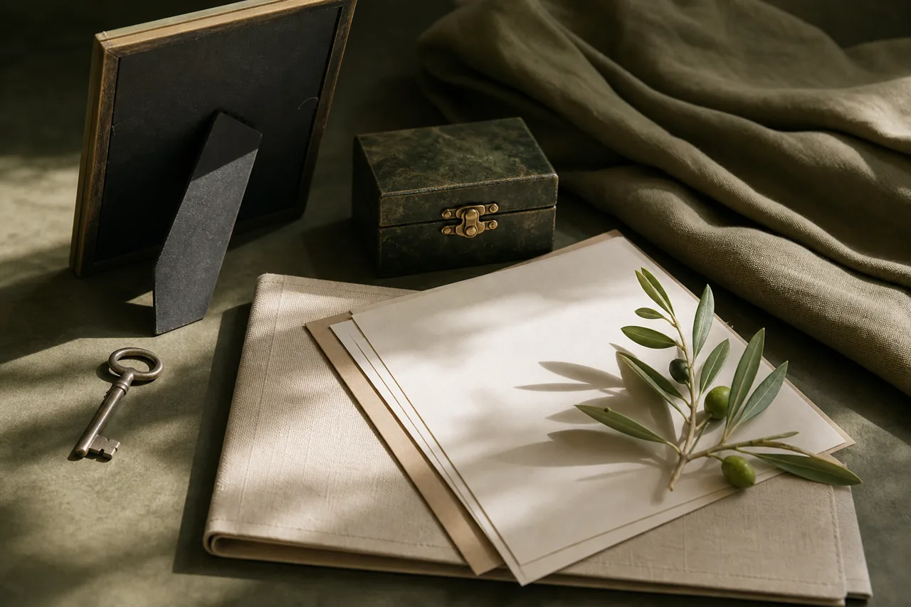 Objet de transmission, clé et documents vierges disposés sur une table.